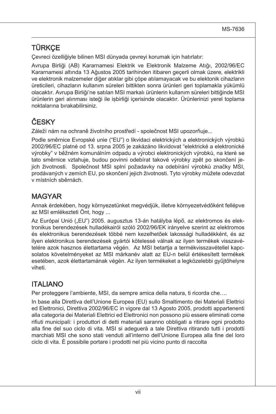 Türkçe, Česky, Magyar | Italiano | MSI H55M-P33 User Manual | Page 7 / 88