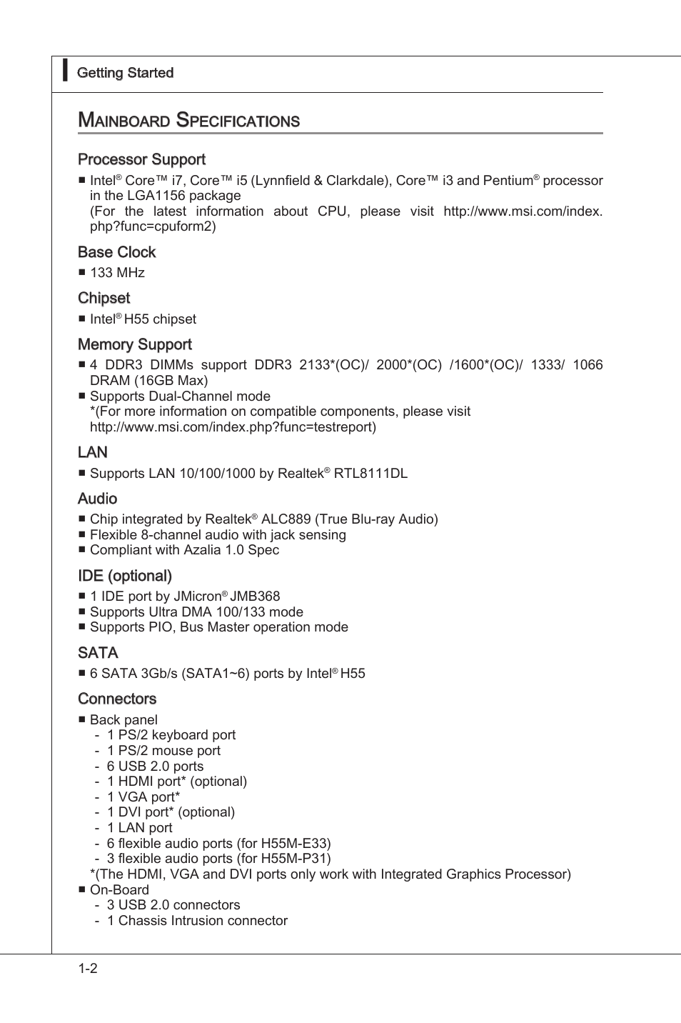 Mainboard specifications, Manboard specficatons -2 | MSI H55M-E33 User Manual | Page 12 / 90