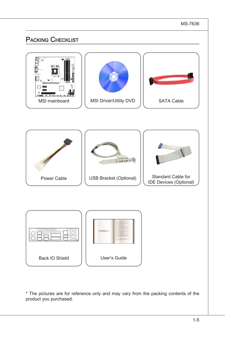 Packing checklist, Packng checklst -5, Acking | Hecklist, Gettng started, Oc_sw1 (optional) | MSI H55M-E33 User Manual | Page 15 / 90