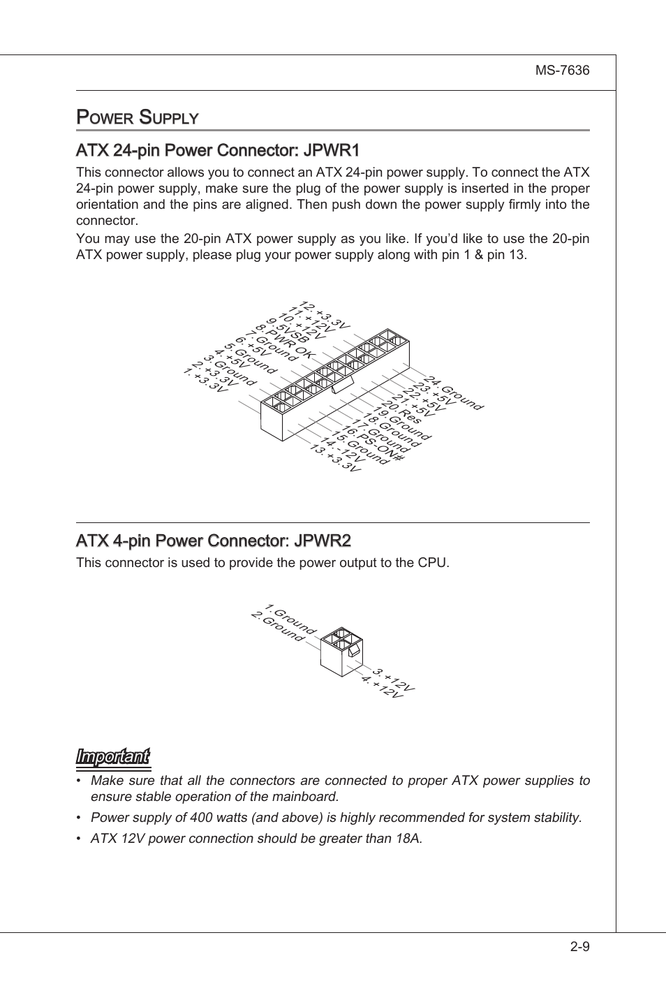 Power supply, Power supply -9, Atx 24-pn power connector: jpwr1 | Atx 4-pn power connector: jpwr2, Important | MSI H55M-E33 User Manual | Page 25 / 90