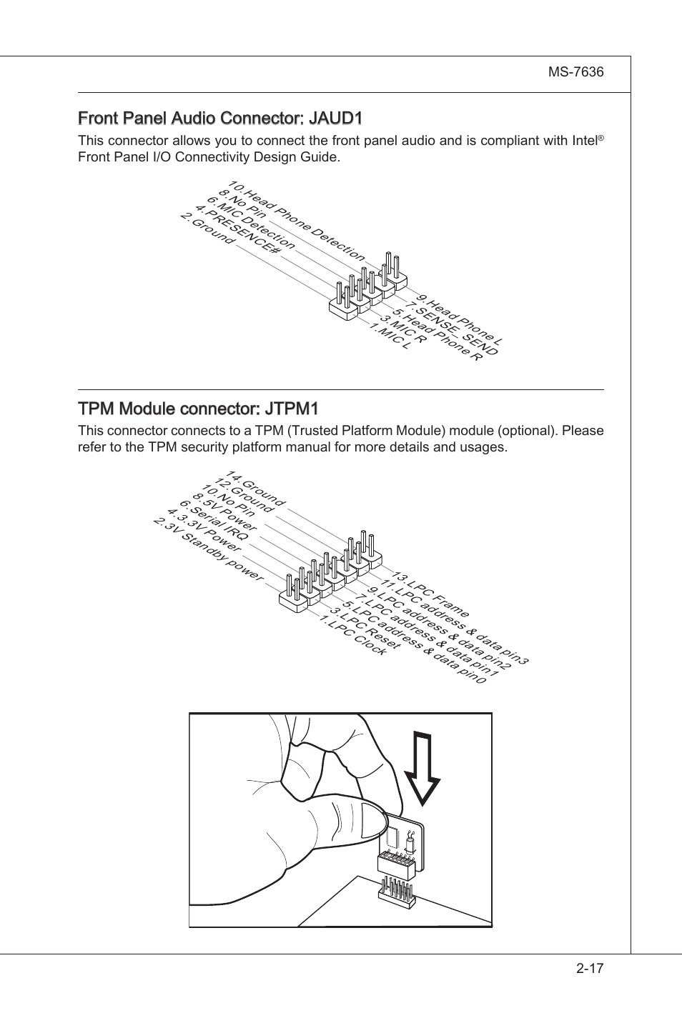 Front panel audo connector: jaud1, Tpm module connector: jtpm1 | MSI H55M-E33 User Manual | Page 33 / 90