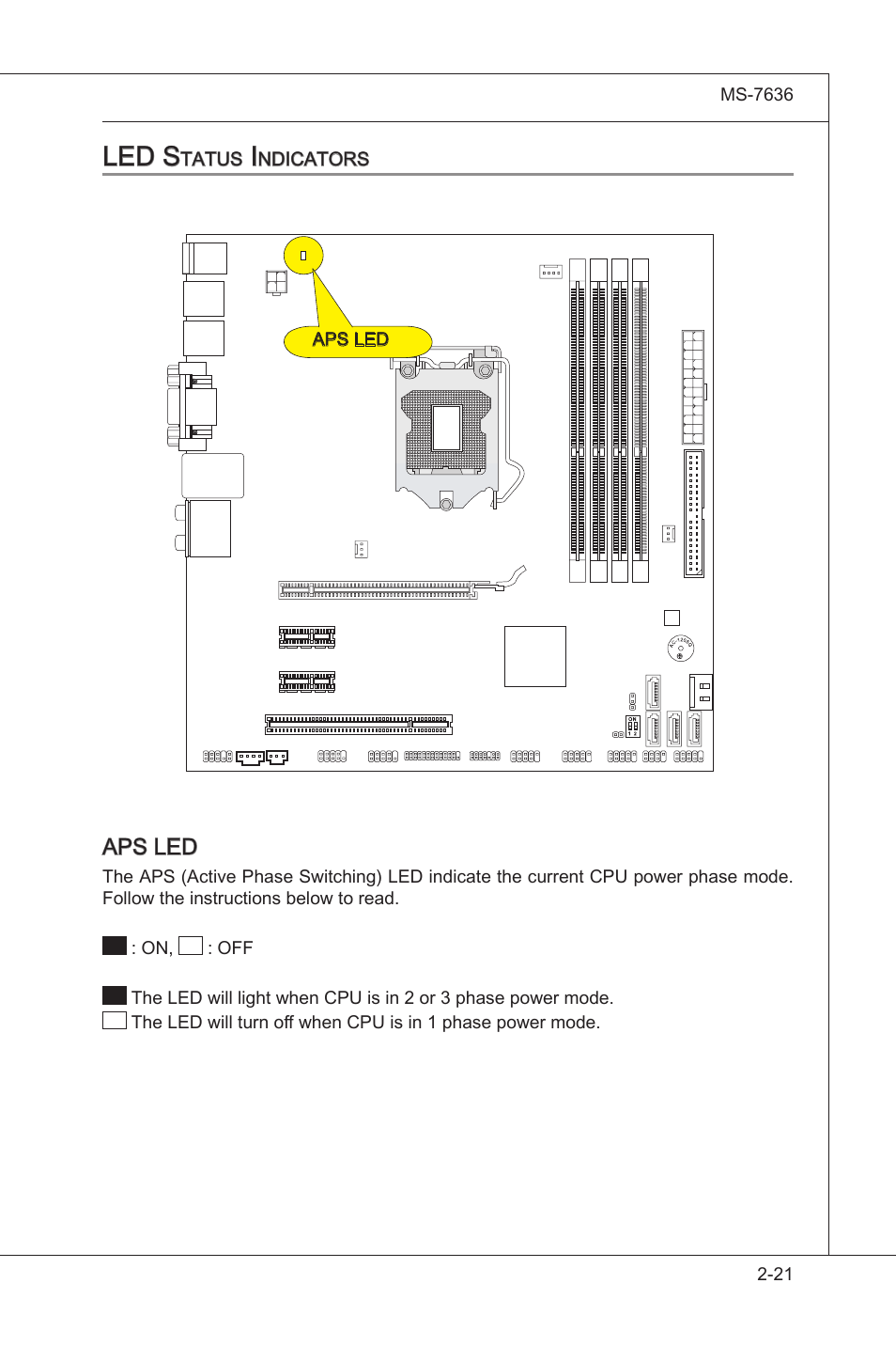 Led status indicators, Led status indcators -21, Led s | MSI H55M-E33 User Manual | Page 37 / 90