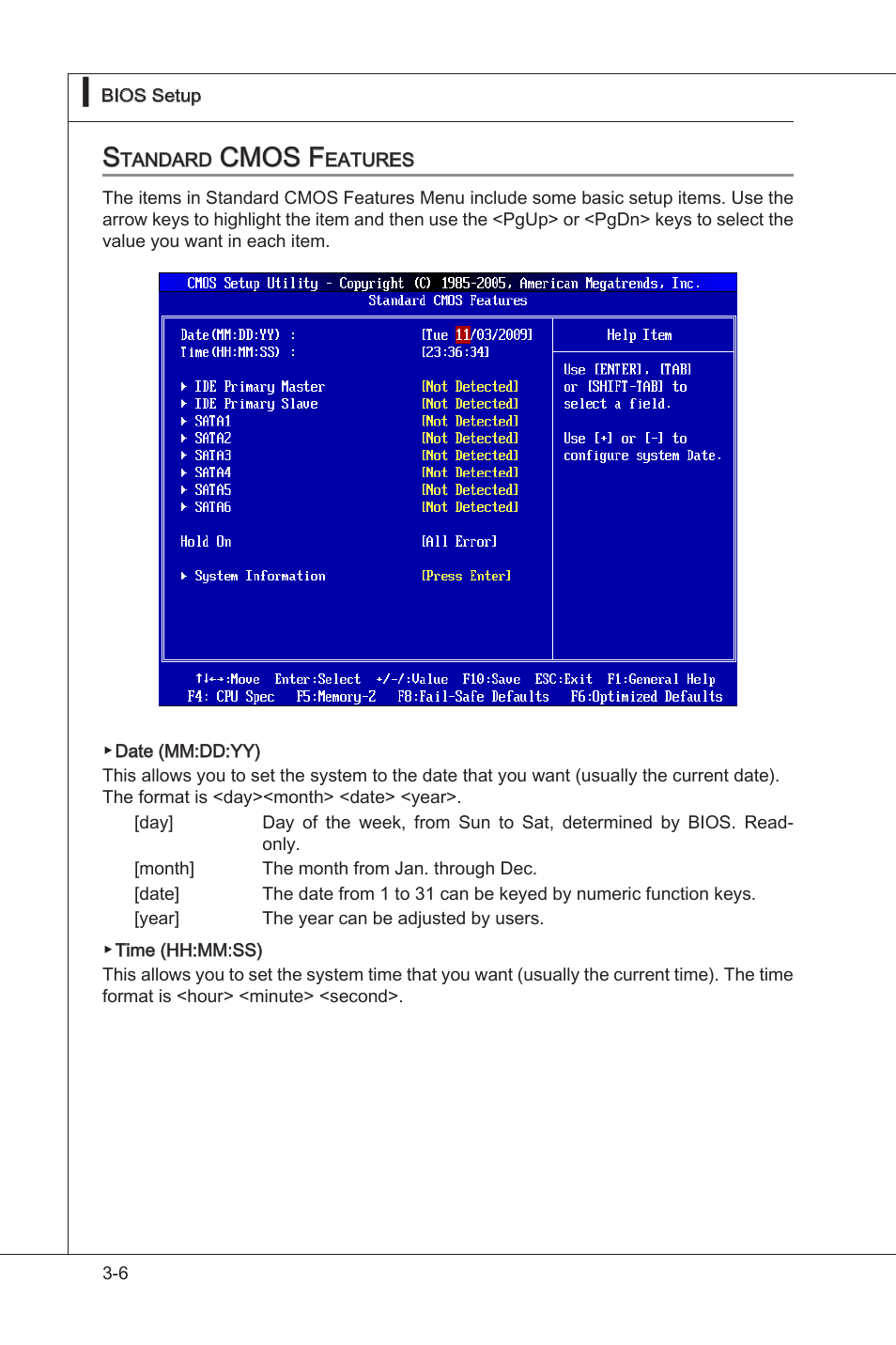 Standard cmos features, Standard cmos features -6, Cmos f | MSI H55M-E33 User Manual | Page 44 / 90