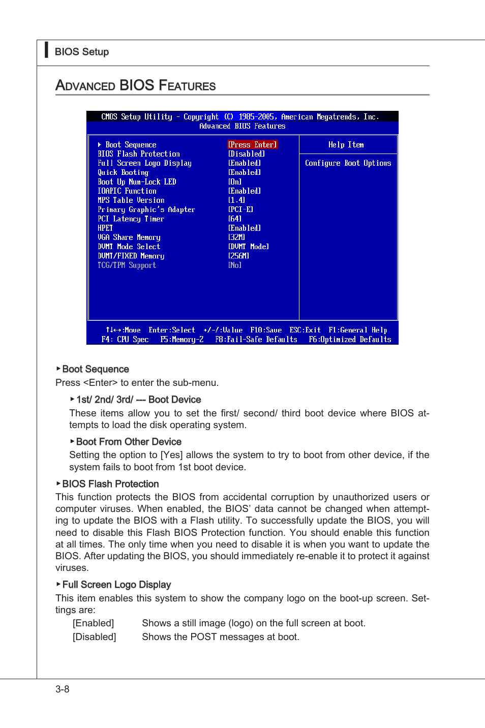 Advanced bios features, Advanced bios features -8, Bios f | MSI H55M-E33 User Manual | Page 46 / 90