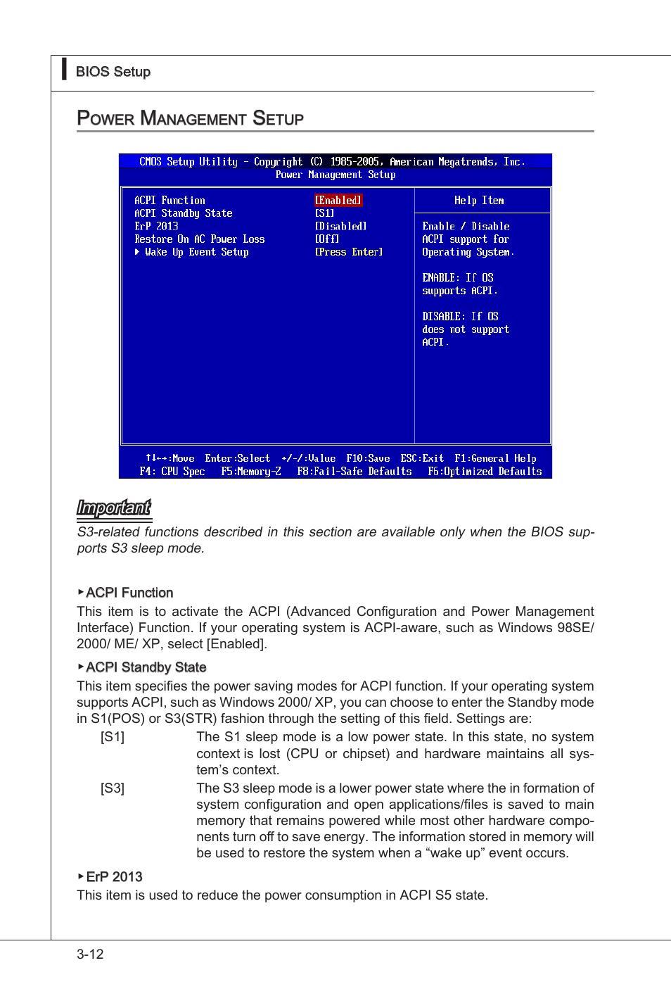 Power management setup, Power management setup -12, Important | MSI H55M-E33 User Manual | Page 50 / 90