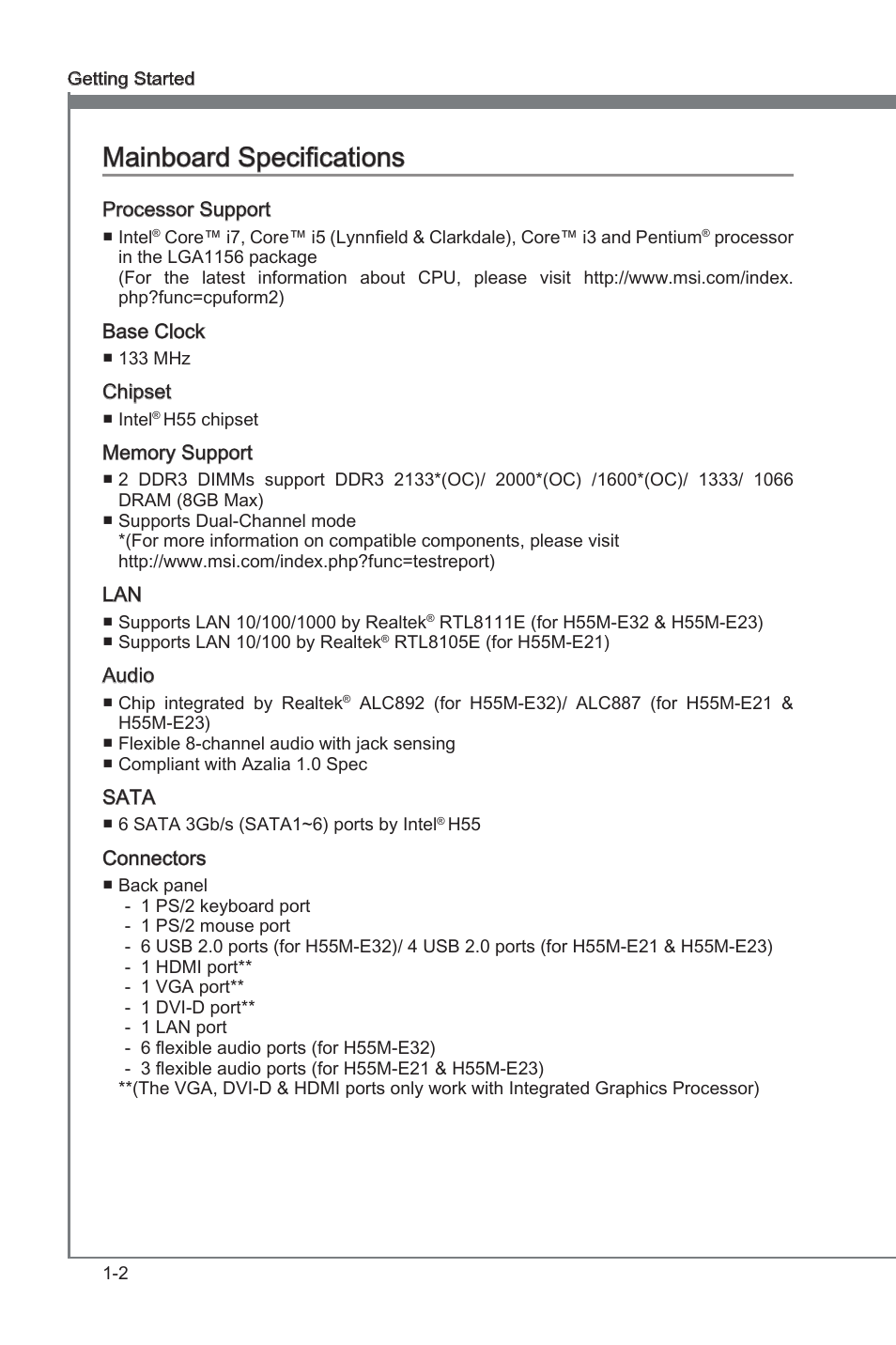 Manboard specficatons -2, Manboard specficatons | MSI H55M-E21 User Manual | Page 12 / 68