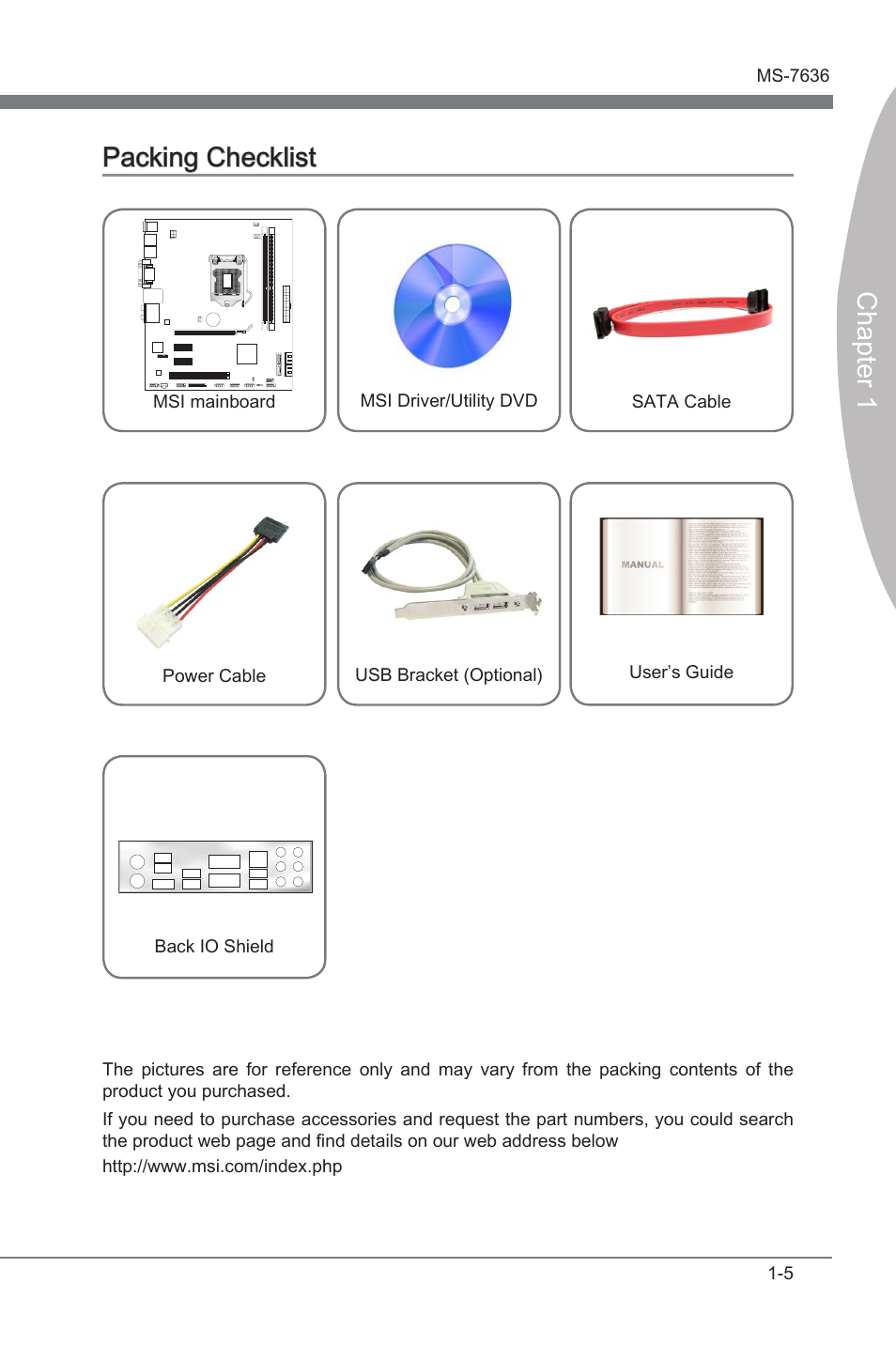 Packng checklst -5, Chapter 1, Packng checklst | MSI H55M-E21 User Manual | Page 15 / 68