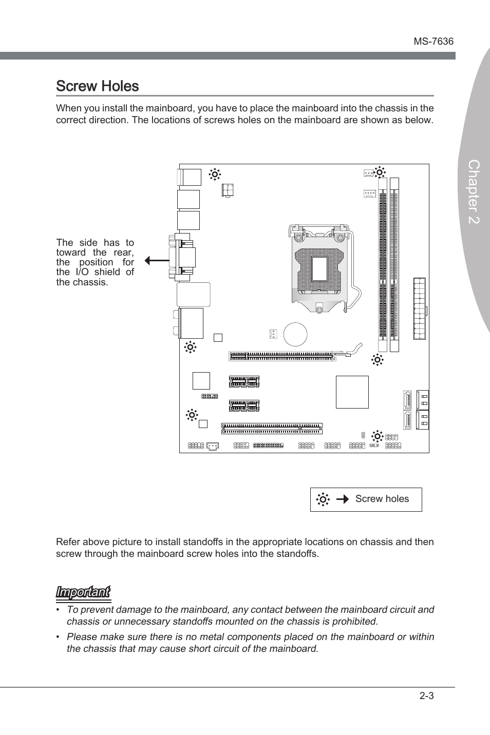 Screw holes -3, Chapter 2, Chapter 2 screw holes | Important | MSI H55M-E21 User Manual | Page 19 / 68