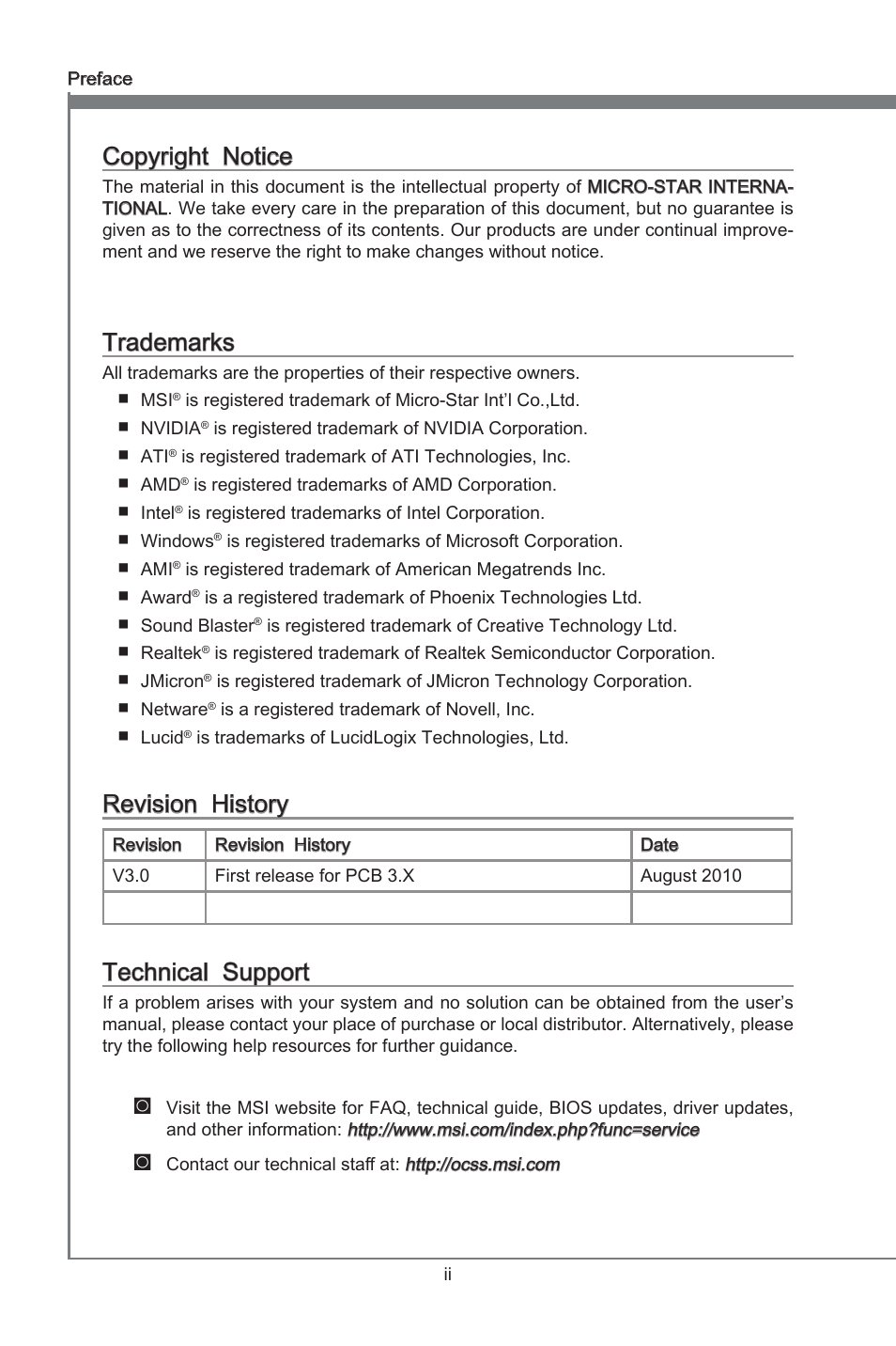 Preface, Copyrght notce, Trademarks | Revson hstory, Techncal support | MSI H55M-E21 User Manual | Page 2 / 68