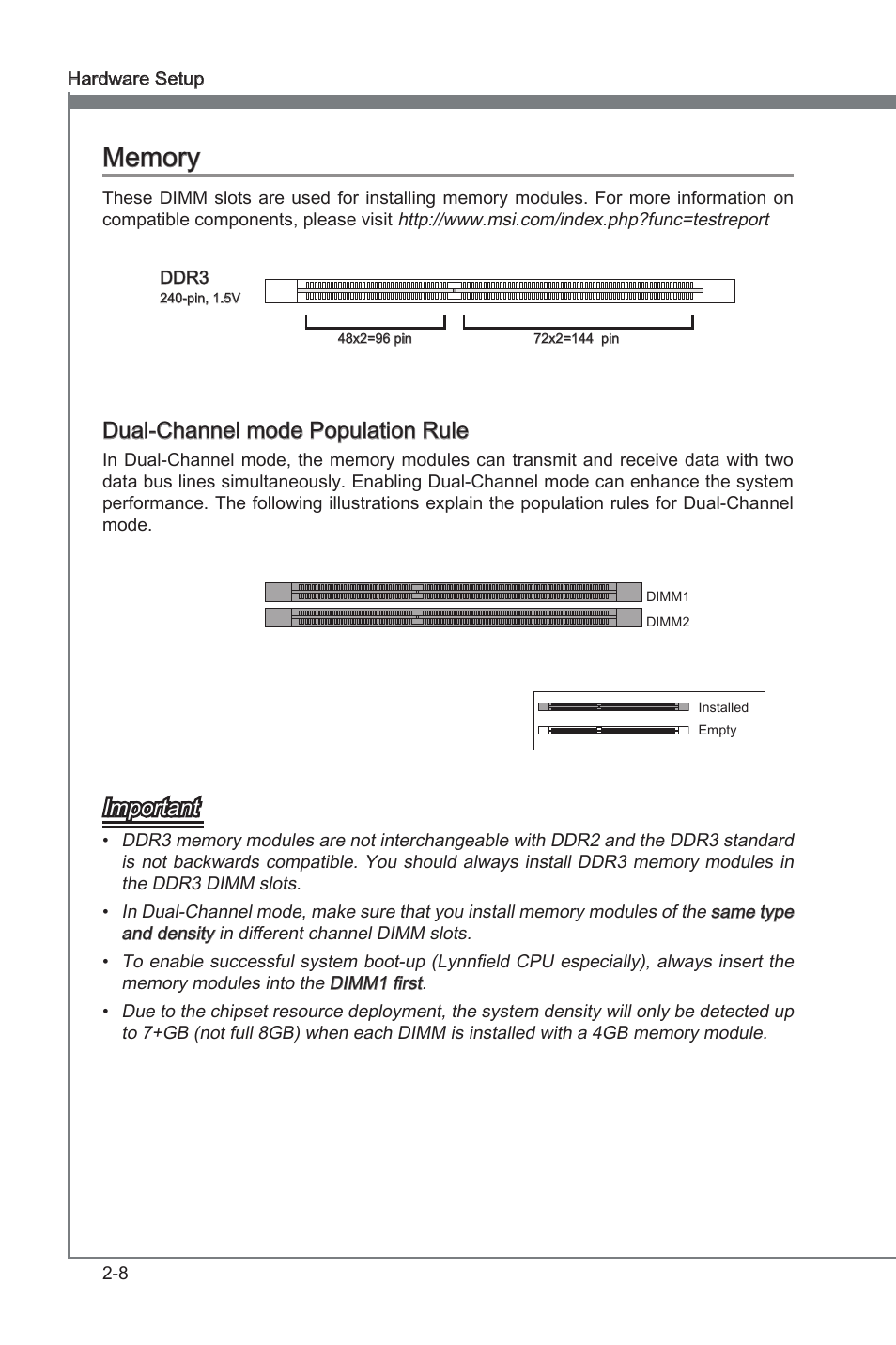 Memory -8, Chapter 2, Dual-channel mode populaton rule | Important | MSI H55M-E21 User Manual | Page 24 / 68