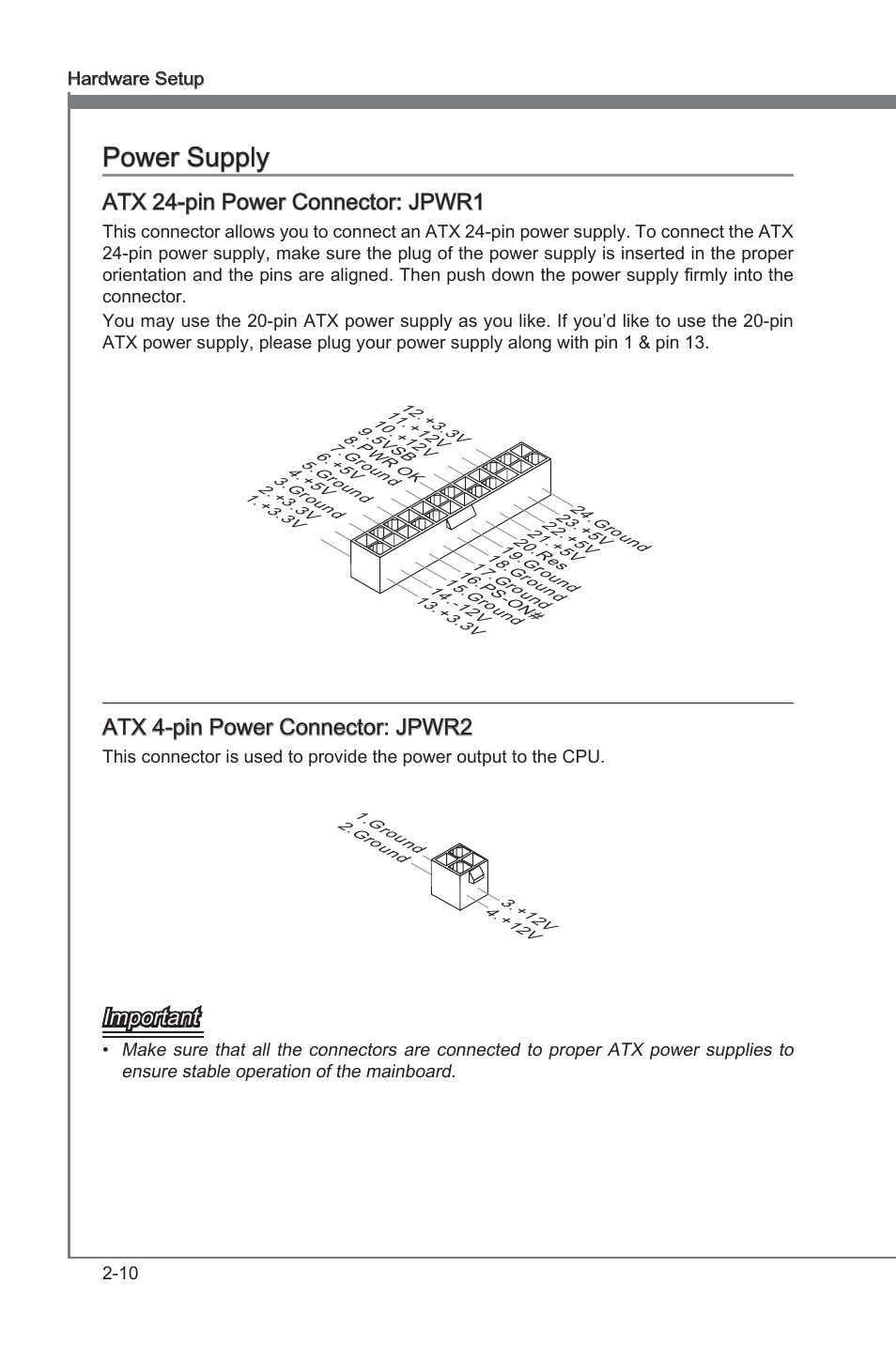 Power supply -10, Chapter 2, Chapter 2 power supply | Atx 24-pn power connector: jpwr1, Atx 4-pn power connector: jpwr2, Important | MSI H55M-E21 User Manual | Page 26 / 68