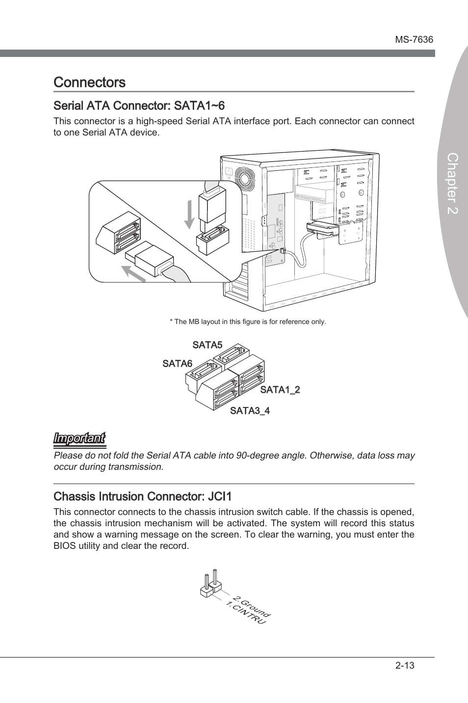 Connectors -13, Chapter 2, Chapter 2 connectors | Seral ata connector: sata1~6, Important, Chasss intruson connector: jci1 | MSI H55M-E21 User Manual | Page 29 / 68