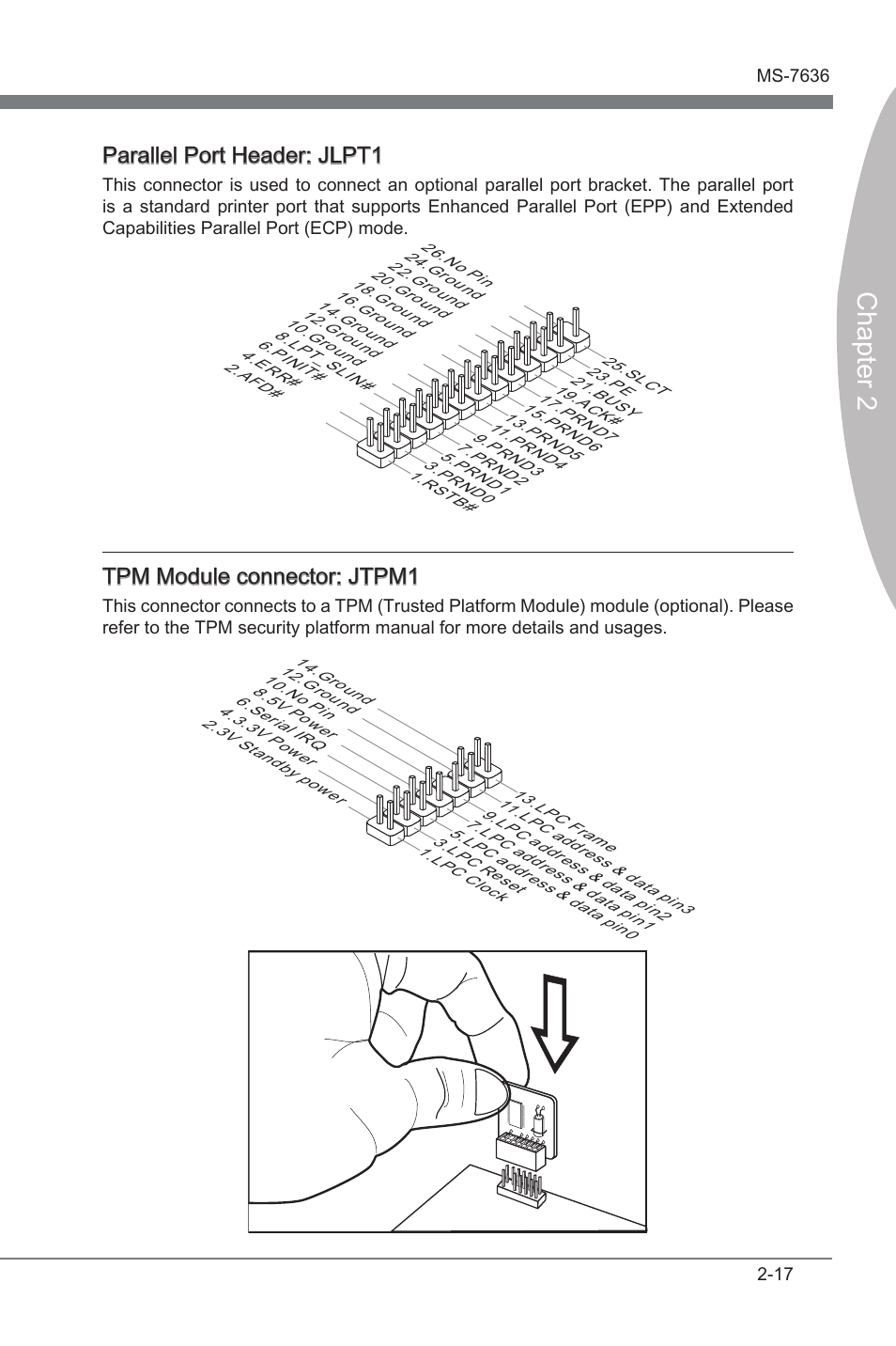 Chapter 2, Parallel port header: jlpt1, Tpm module connector: jtpm1 | MSI H55M-E21 User Manual | Page 33 / 68