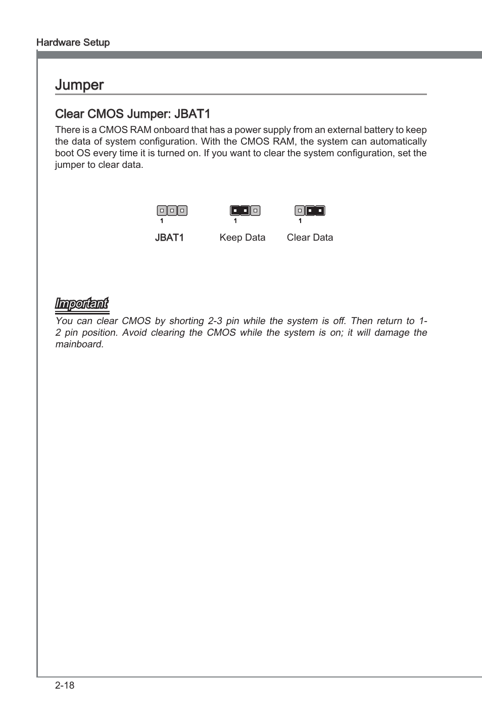 Jumper -18, Chapter 2, Chapter 2 jumper | Clear cmos jumper: jbat1, Important | MSI H55M-E21 User Manual | Page 34 / 68