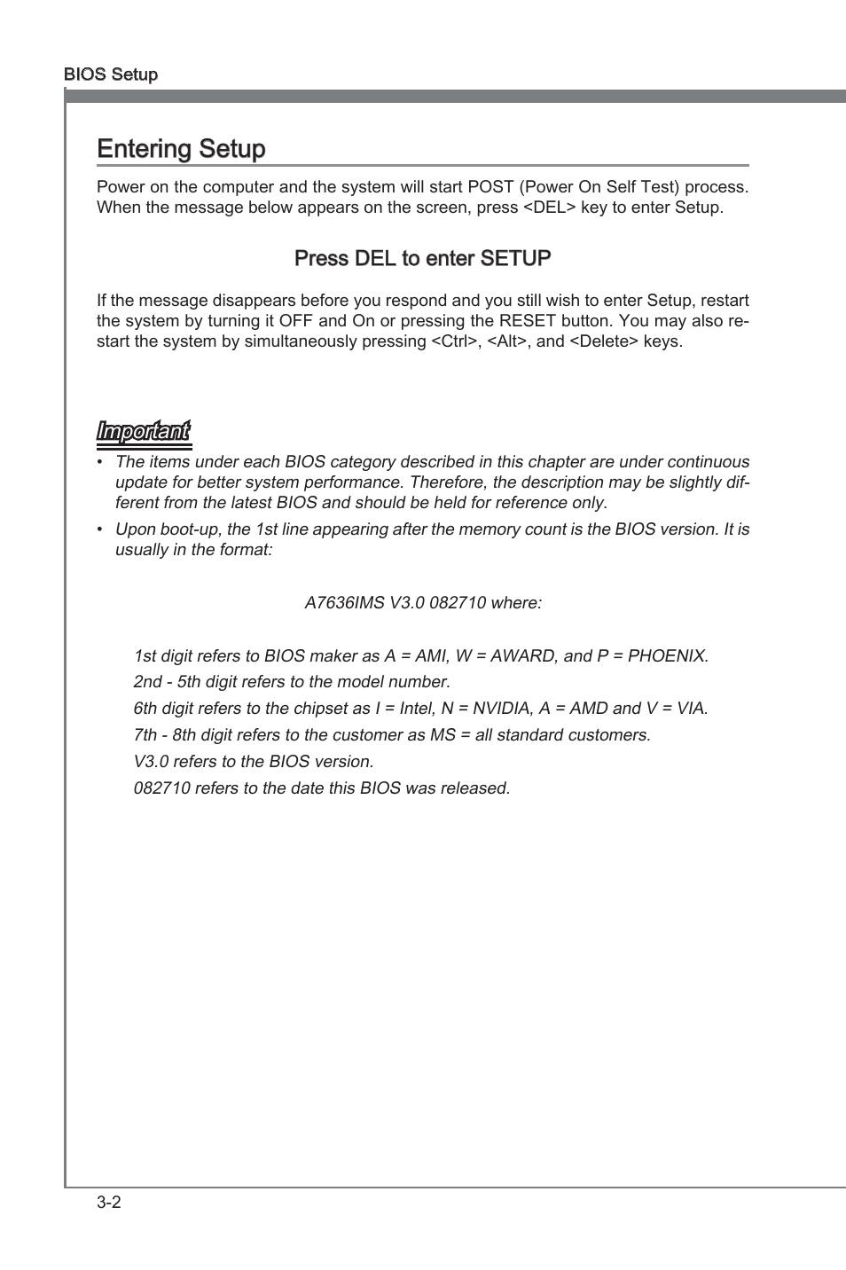 Enterng setup -2, Chapter 3, Chapter 3 enterng setup | Press del to enter setup, Important | MSI H55M-E21 User Manual | Page 38 / 68