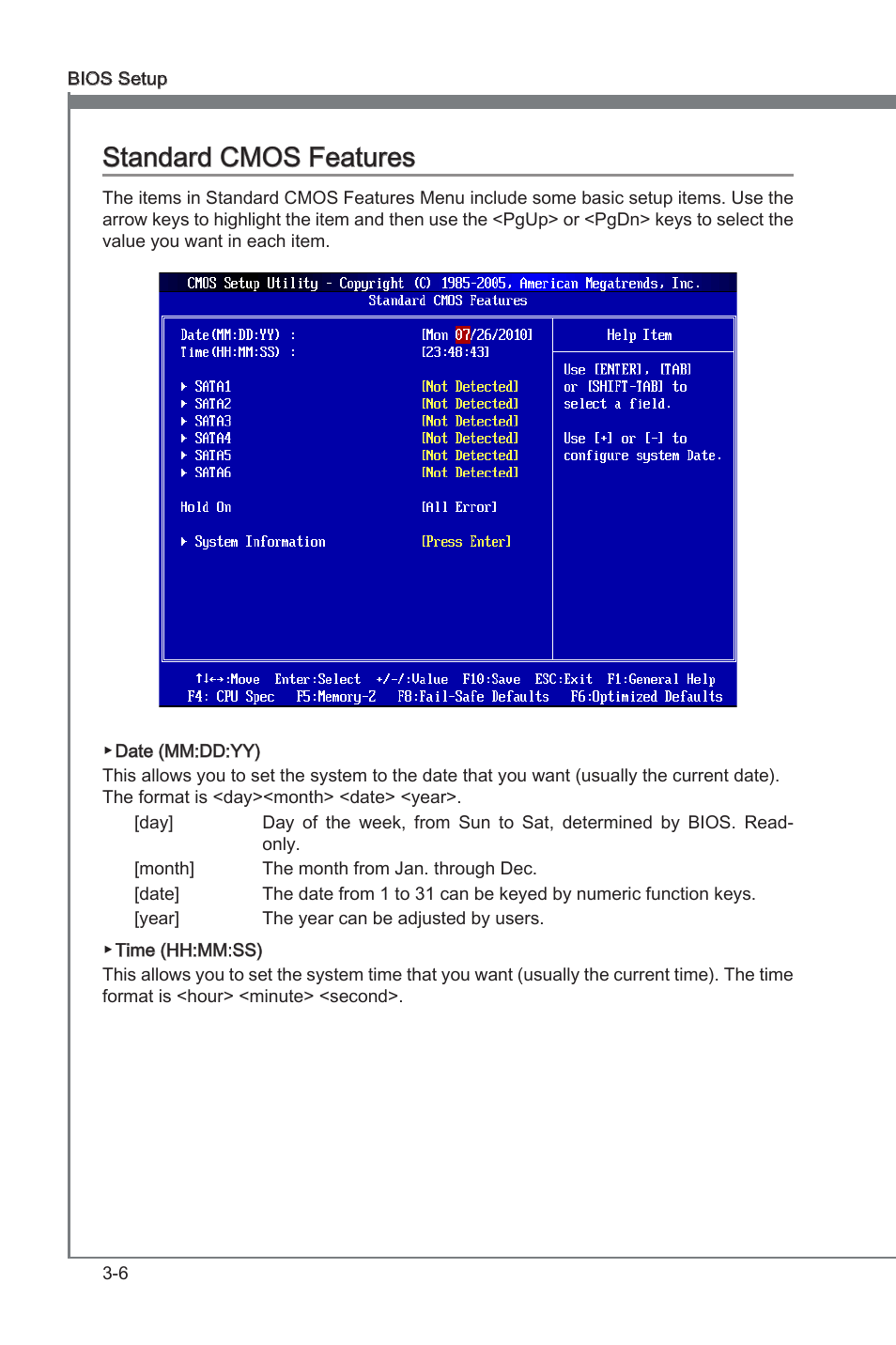 Standard cmos features -6, Chapter 3, Chapter 3 standard cmos features | MSI H55M-E21 User Manual | Page 42 / 68