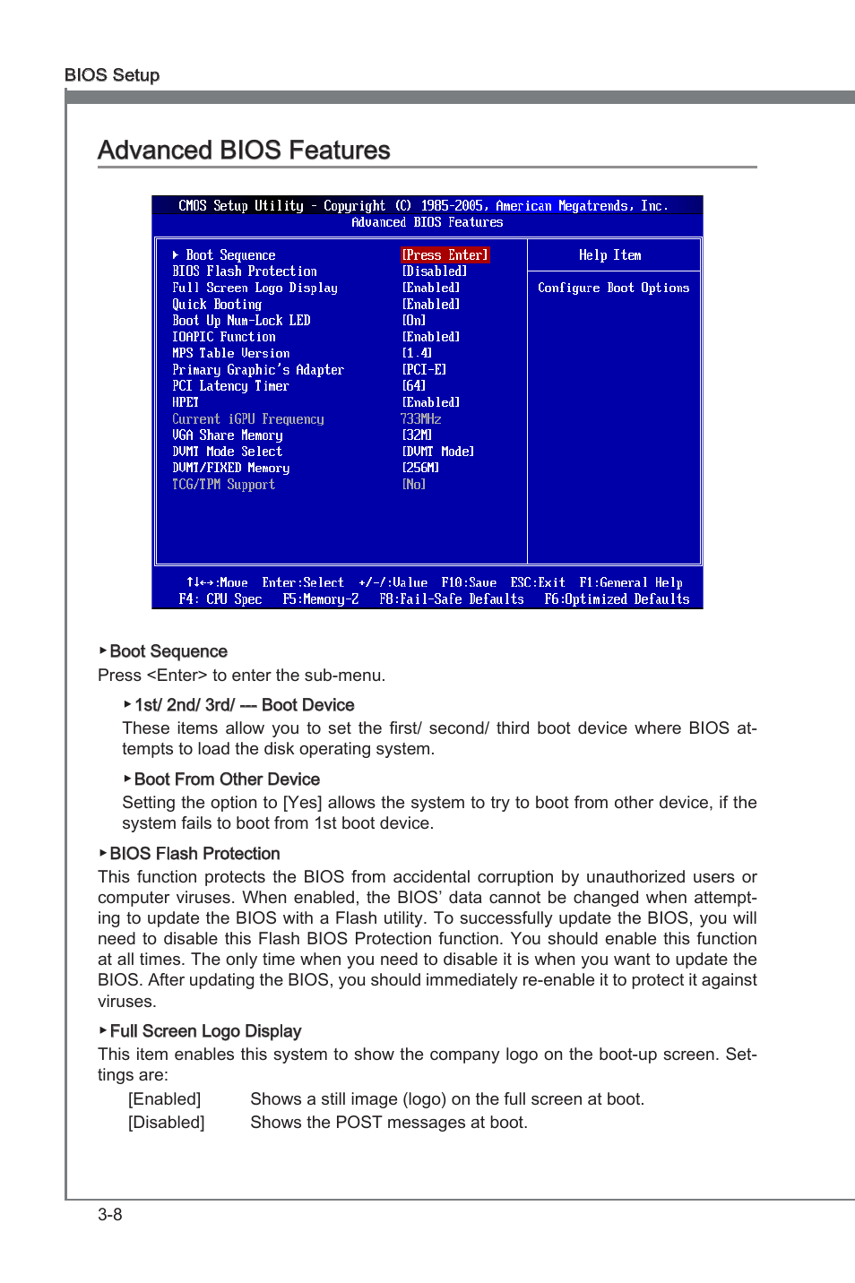 Advanced bios features -8, Chapter 3, Chapter 3 advanced bios features | MSI H55M-E21 User Manual | Page 44 / 68