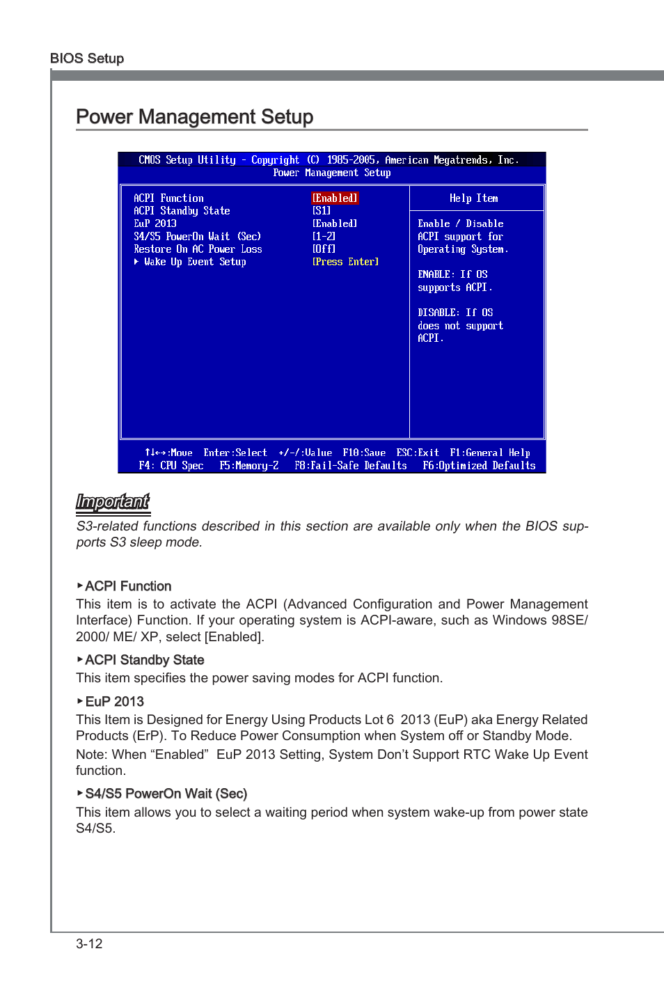 Power management setup -12, Chapter 3, Chapter 3 power management setup | Important | MSI H55M-E21 User Manual | Page 48 / 68