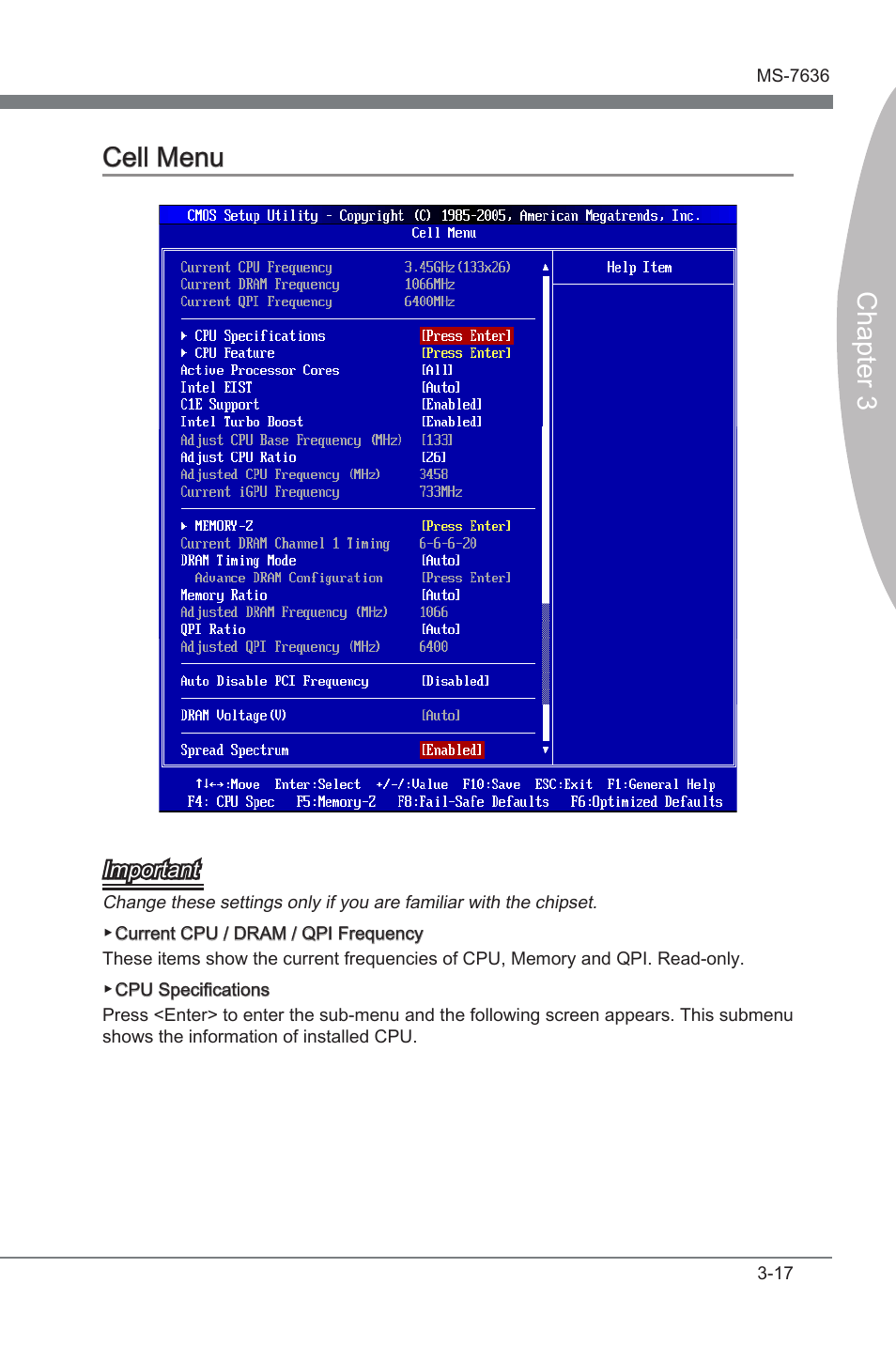 Cell menu -17, Chapter 3, Chapter 3 cell menu | MSI H55M-E21 User Manual | Page 53 / 68