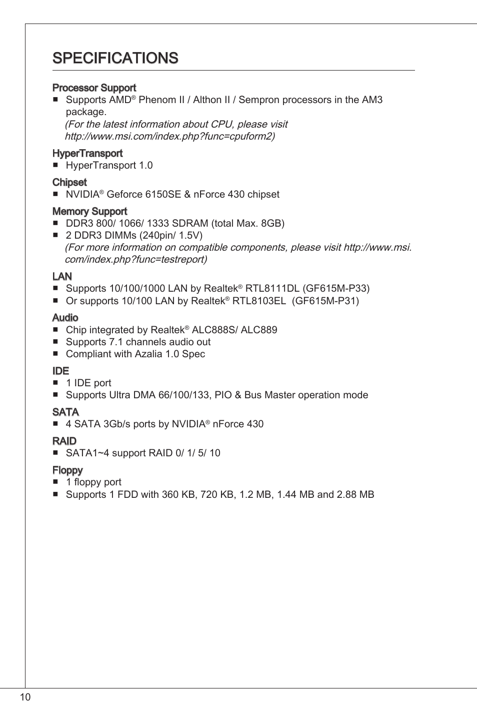 Specifications | MSI GF615M-P31 User Manual | Page 10 / 153