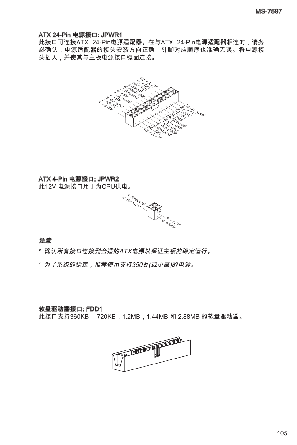Atx 4-pin 电源接口: jpwr2 此2v 电源接口用于为cpu供电 | MSI GF615M-P31 User Manual | Page 105 / 153