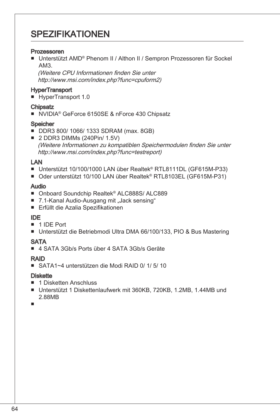 Spezifikationen | MSI GF615M-P31 User Manual | Page 64 / 153