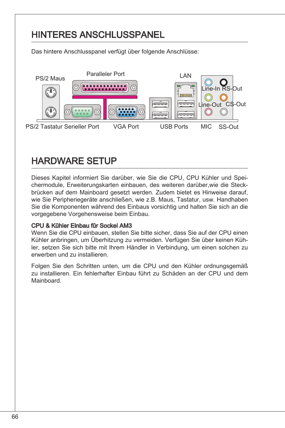 Hinteres anschlusspanel hardware setup, Hinteres anschlusspanel, Hardware setup | MSI GF615M-P31 User Manual | Page 66 / 153