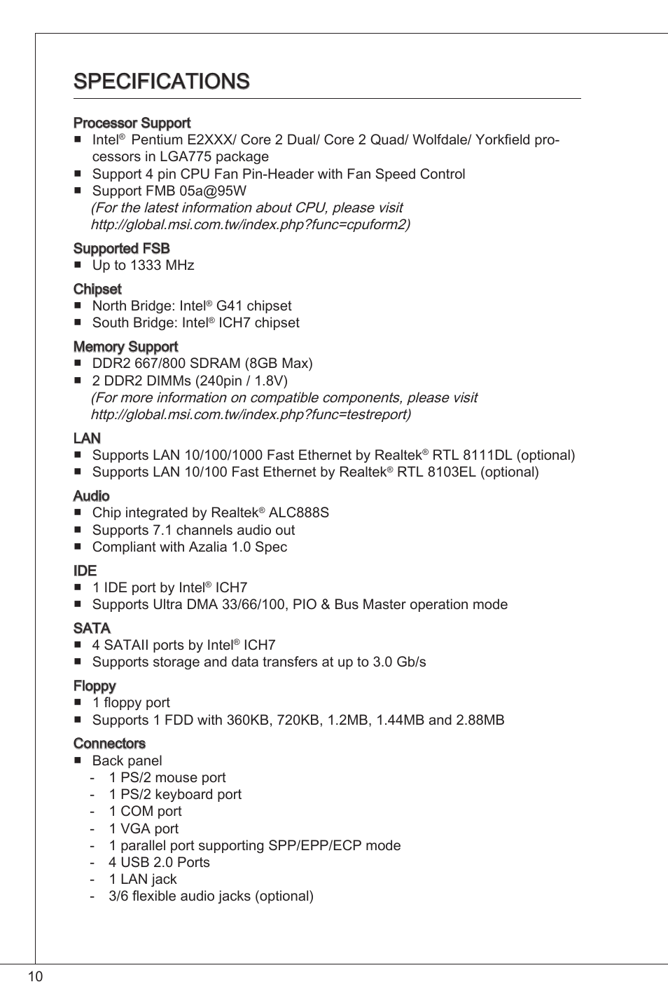 Specifications | MSI G41M4-F User Manual | Page 10 / 153