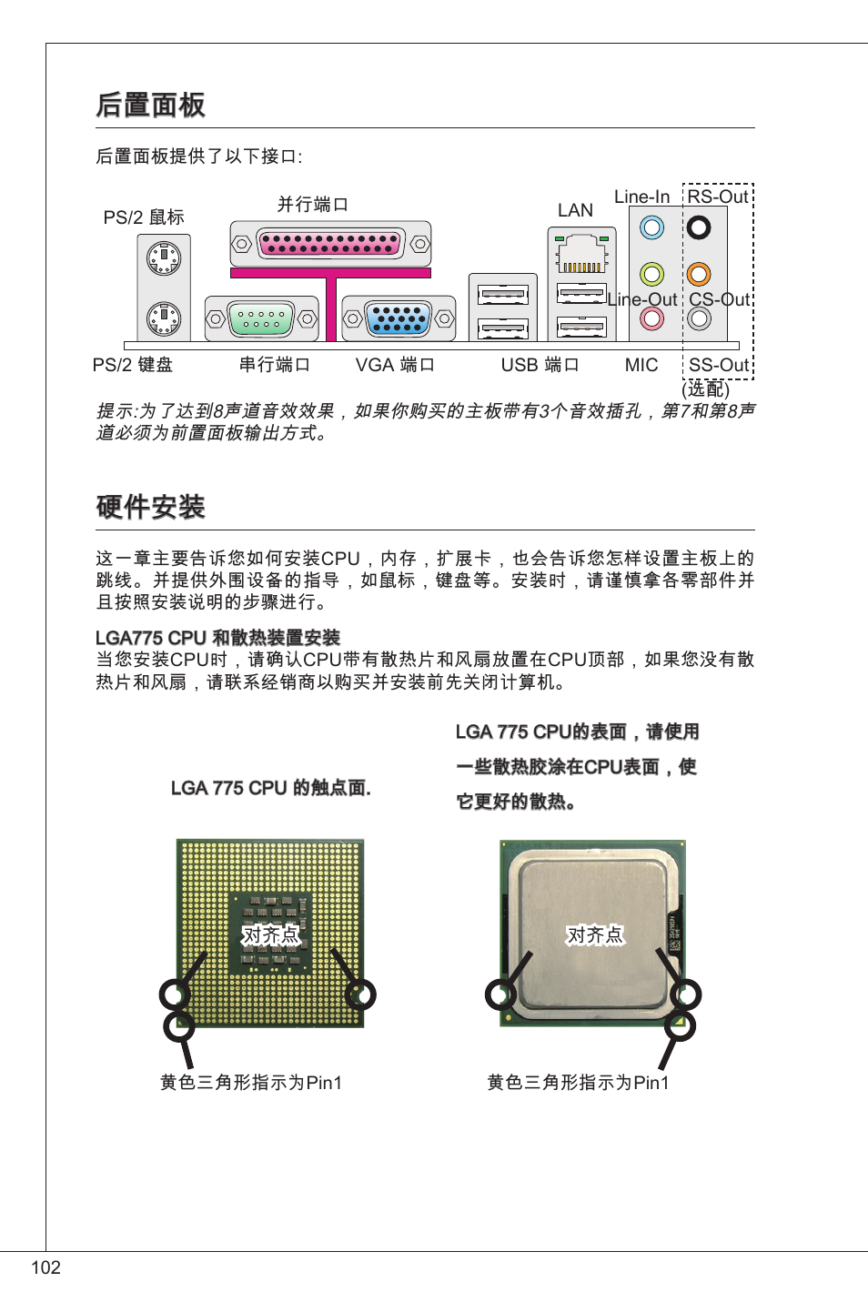 后置面板, 硬件安装 | MSI G41M4-F User Manual | Page 102 / 153