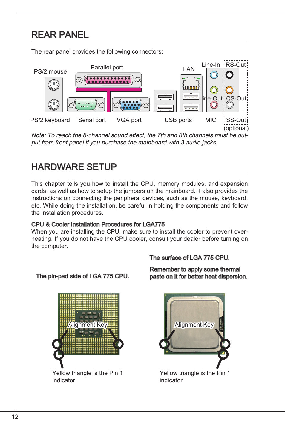 Rear panel, Hardware setup | MSI G41M4-F User Manual | Page 12 / 153