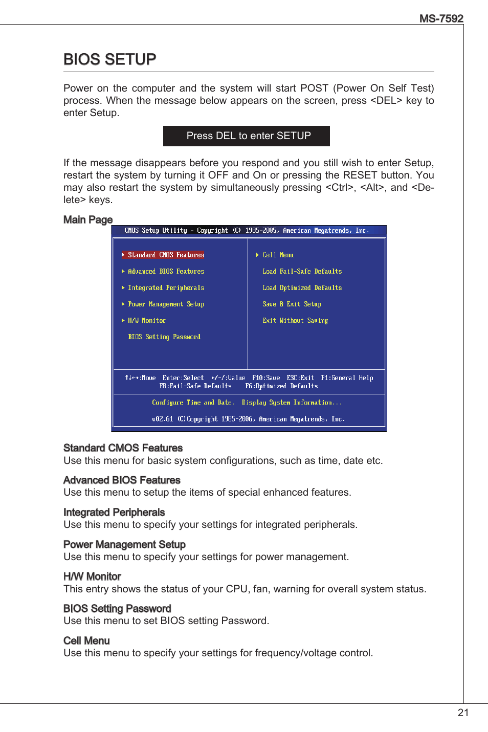 Bios setup | MSI G41M4-F User Manual | Page 21 / 153