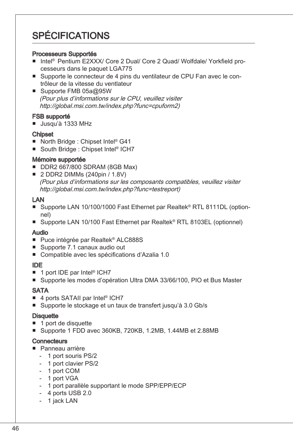 Spécifications | MSI G41M4-F User Manual | Page 46 / 153