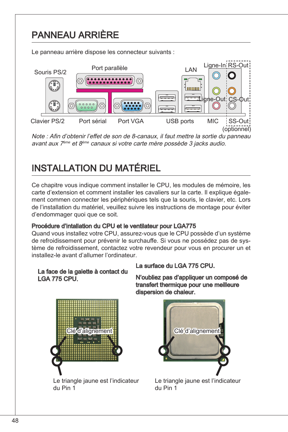 Panneau arrière, Installation du matériel, Panneau arrière installation du matériel | MSI G41M4-F User Manual | Page 48 / 153