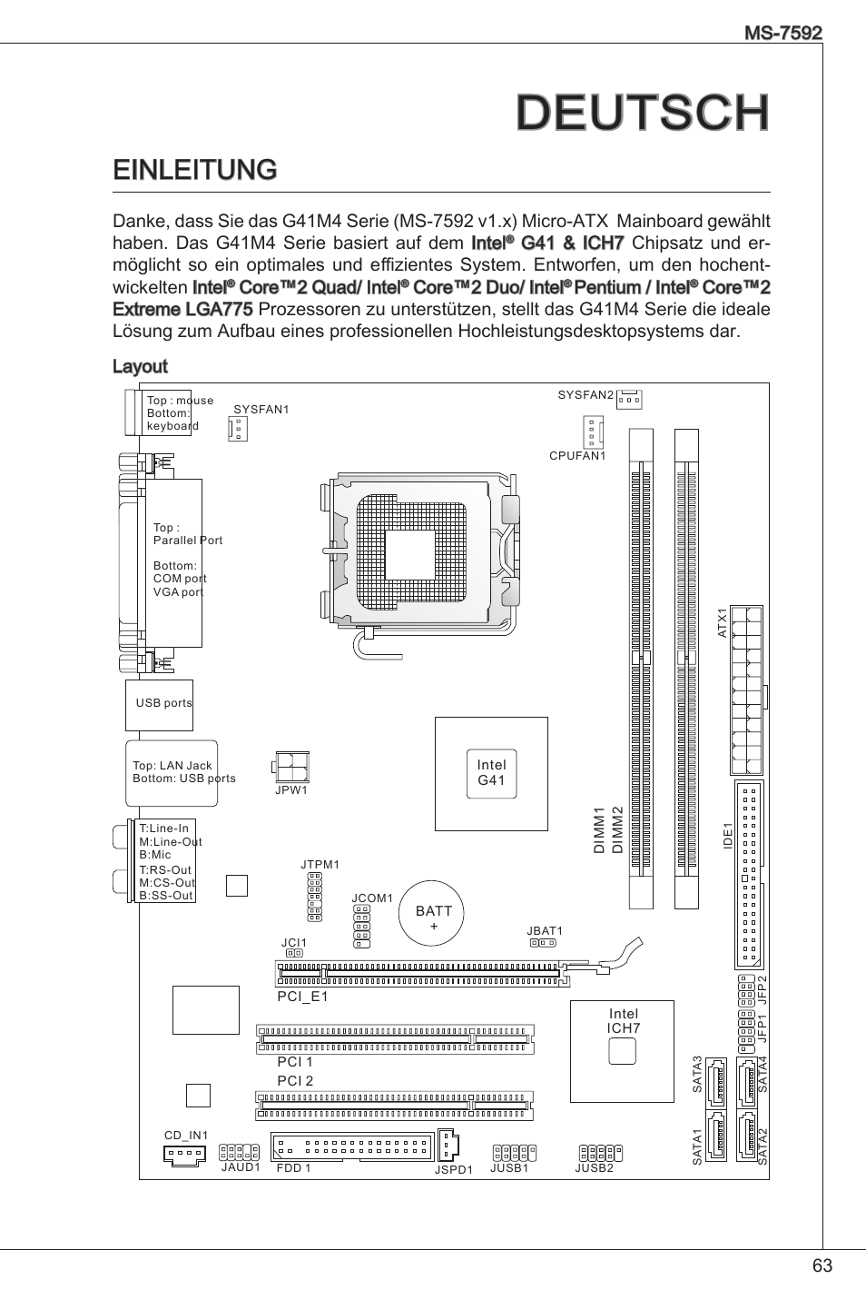 Deutsch, Einleitung, Core™2 quad/ intel | Core™2 duo/ intel, Pentium / intel | MSI G41M4-F User Manual | Page 63 / 153