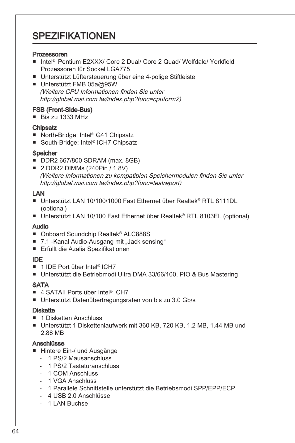 Spezifikationen | MSI G41M4-F User Manual | Page 64 / 153