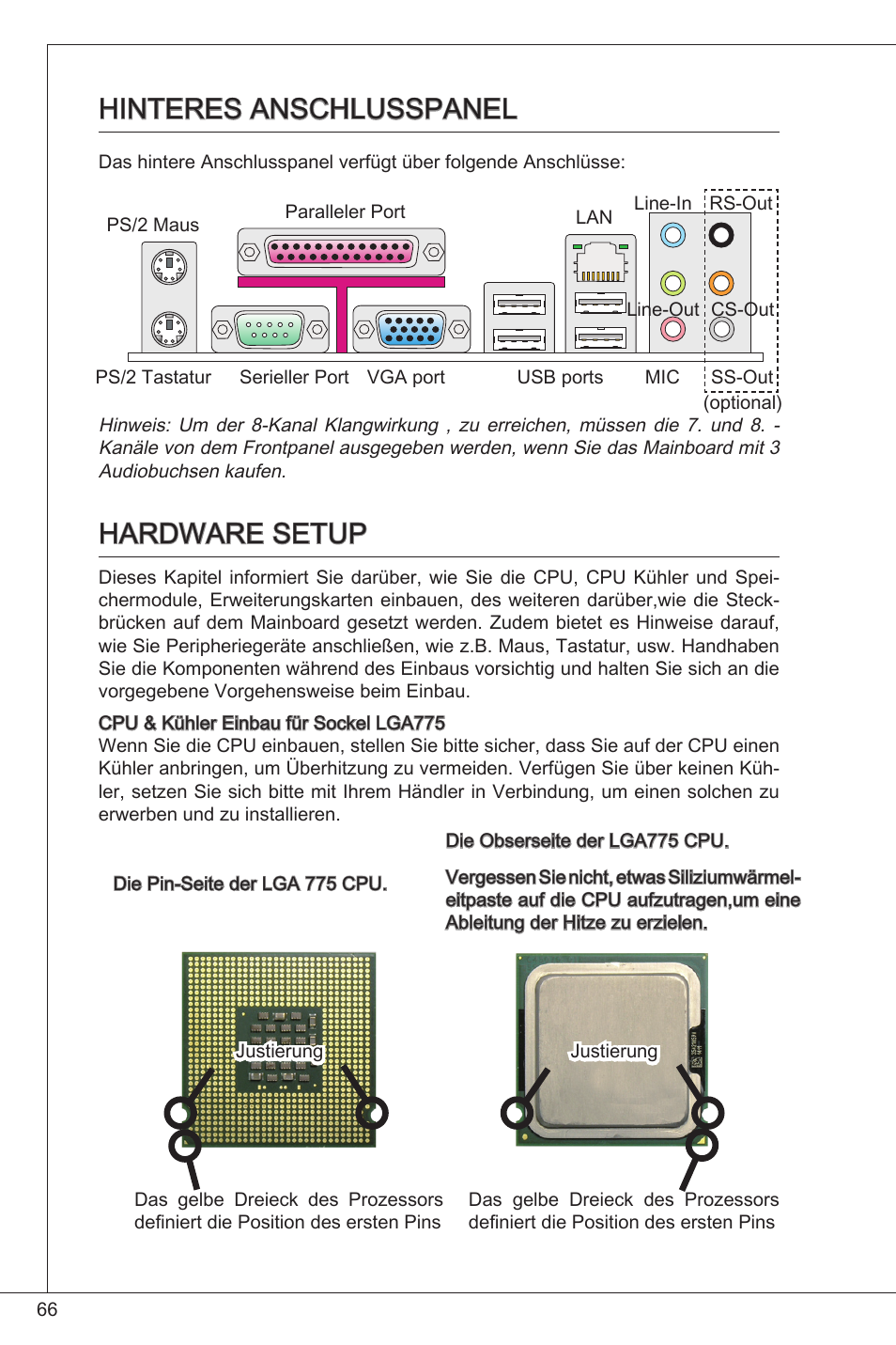 Hinteres anschlusspanel, Hardware setup, Hinteres anschlusspanel hardware setup | MSI G41M4-F User Manual | Page 66 / 153