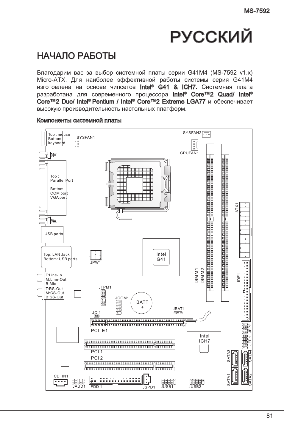 Русский, Начало работы, Core™2 quad/ intel | Core™2 duo/ intel, Pentium / intel | MSI G41M4-F User Manual | Page 81 / 153