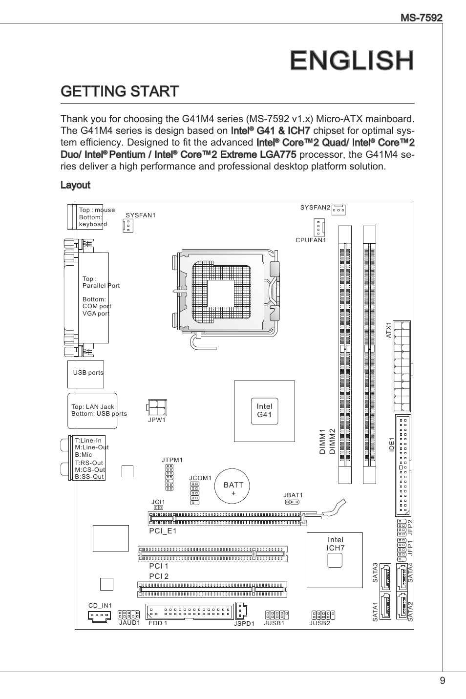 English, Getting start, Core™2 quad/ intel | Core™2 duo/ intel, Pentium / intel | MSI G41M4-F User Manual | Page 9 / 153