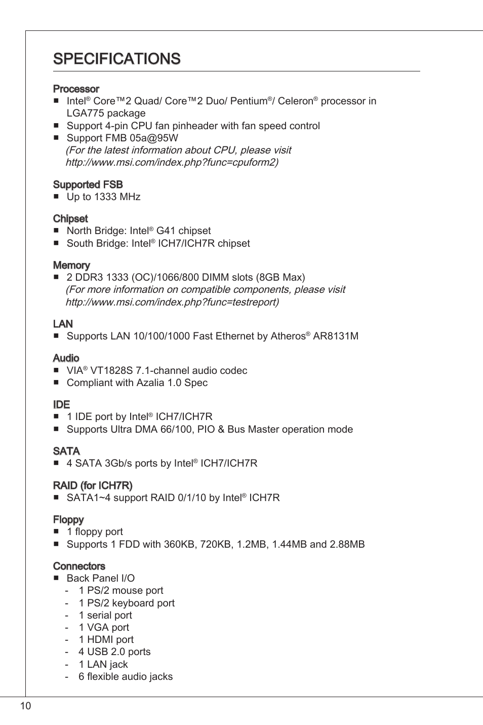 Specifications | MSI G41M-P34 User Manual | Page 10 / 153