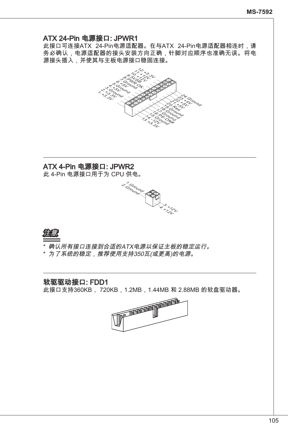 Atx 24-pin 电源接口: jpwr, Atx 4-pin 电源接口: jpwr2, 软驱驱动接口: fdd | 此 4-pin 电源接口用于为 cpu 供电 | MSI G41M-P34 User Manual | Page 105 / 153