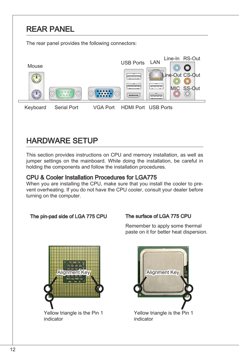 Rear panel, Hardware setup | MSI G41M-P34 User Manual | Page 12 / 153