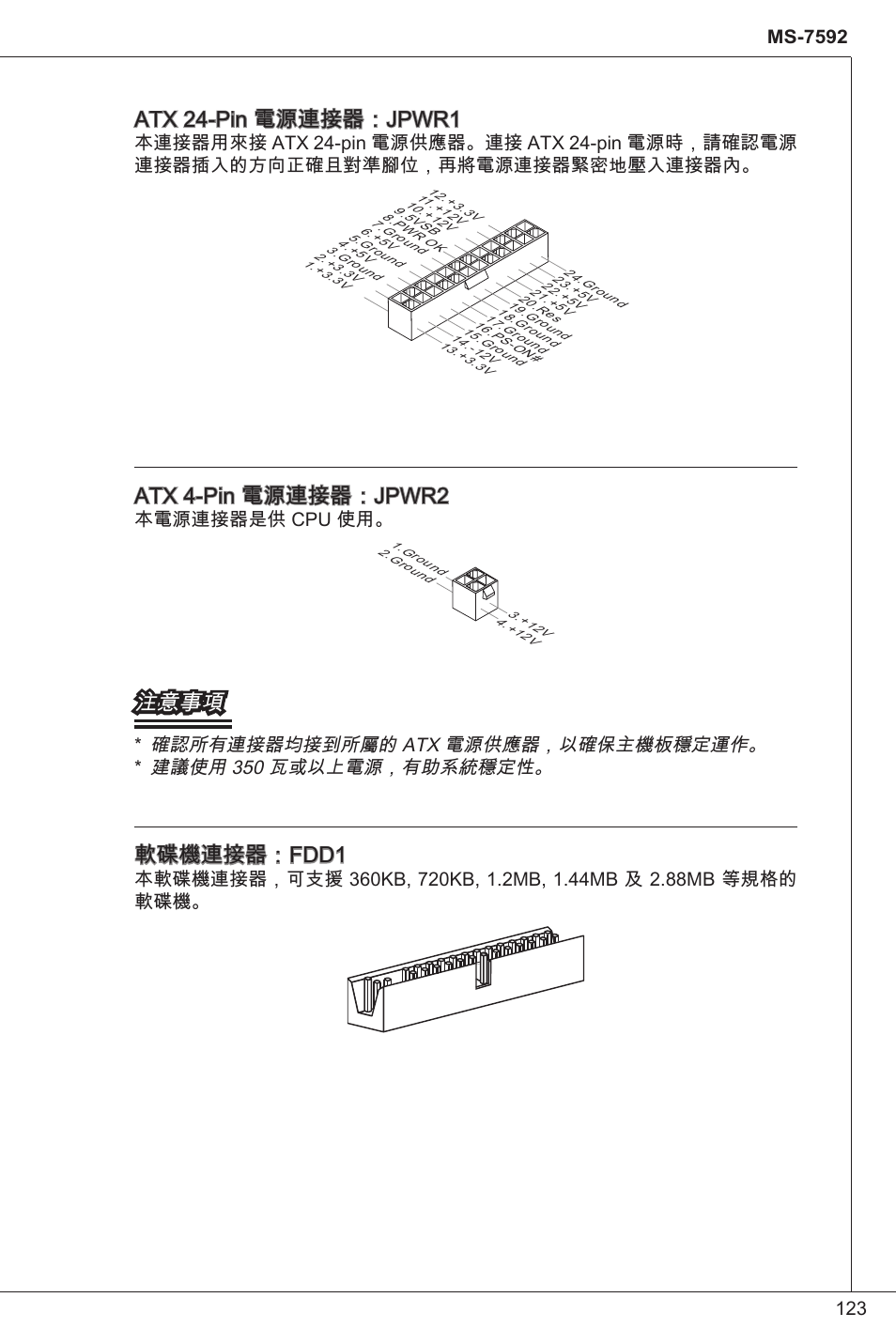 Atx 24-pin 電源連接器：jpwr, Atx 4-pin 電源連接器：jpwr2, 注意事項 | 軟碟機連接器：fdd, 本電源連接器是供 cpu 使用 | MSI G41M-P34 User Manual | Page 123 / 153