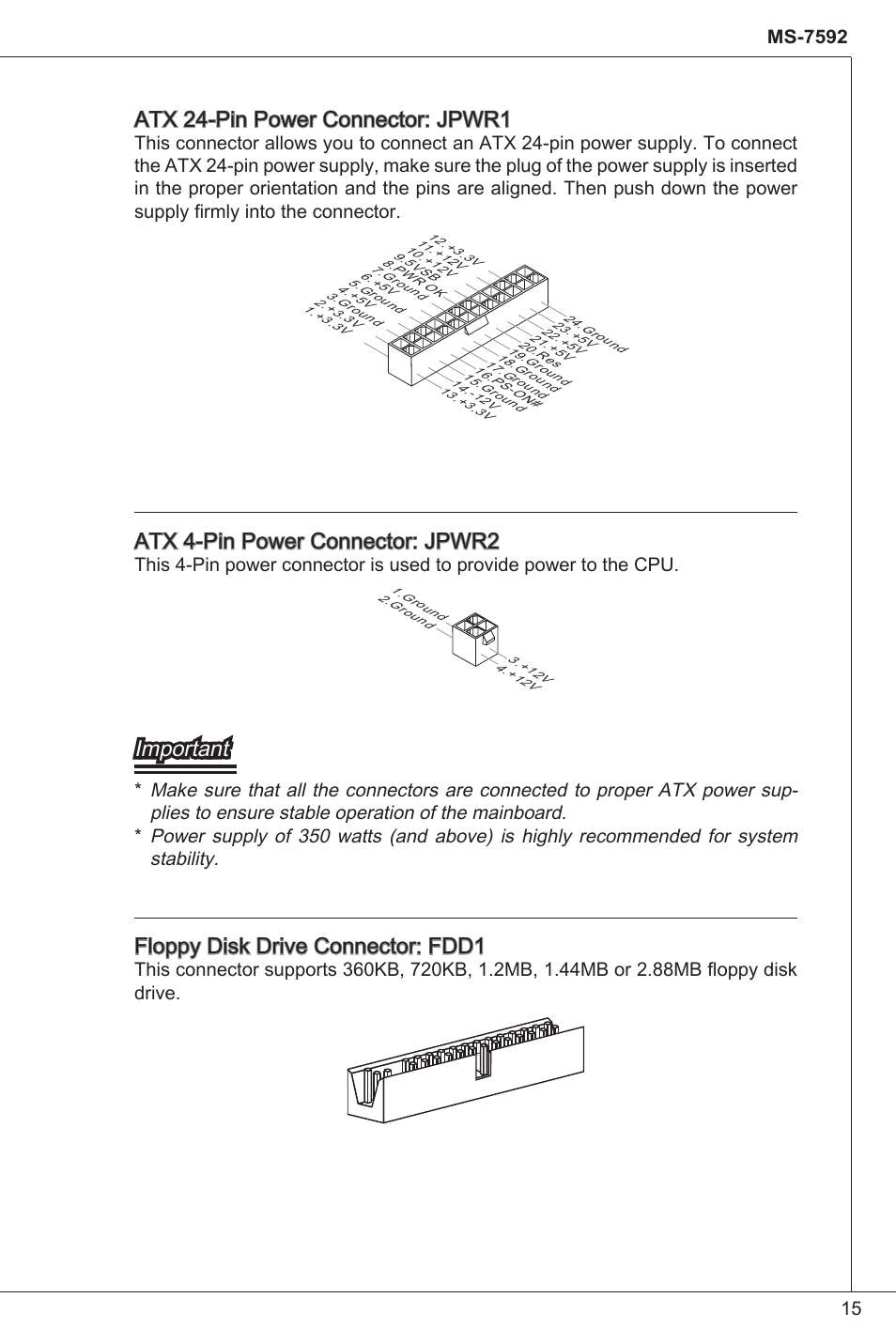 Atx 24-pin power connector: jpwr, Atx 4-pin power connector: jpwr2, Important | Floppy disk drive connector: fdd | MSI G41M-P34 User Manual | Page 15 / 153