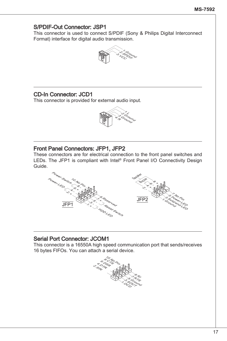 S/pdif-out connector: jsp, Cd-in connector: jcd, Front panel connectors: jfp, jfp2 | Serial port connector: jcom, Front panel i/o connectivity design guide, Jfp2 | MSI G41M-P34 User Manual | Page 17 / 153