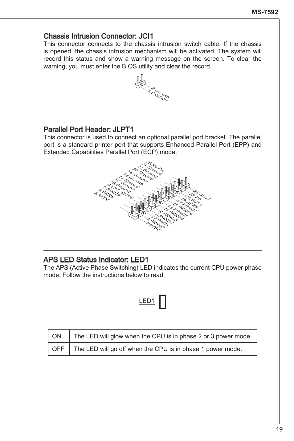 Chassis intrusion connector: jci, Parallel port header: jlpt, Aps led status indicator: led | MSI G41M-P34 User Manual | Page 19 / 153