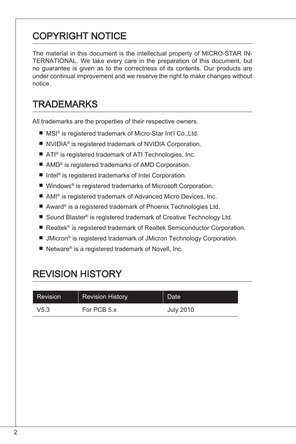 Copyright notice, Trademarks, Revision history | MSI G41M-P34 User Manual | Page 2 / 153