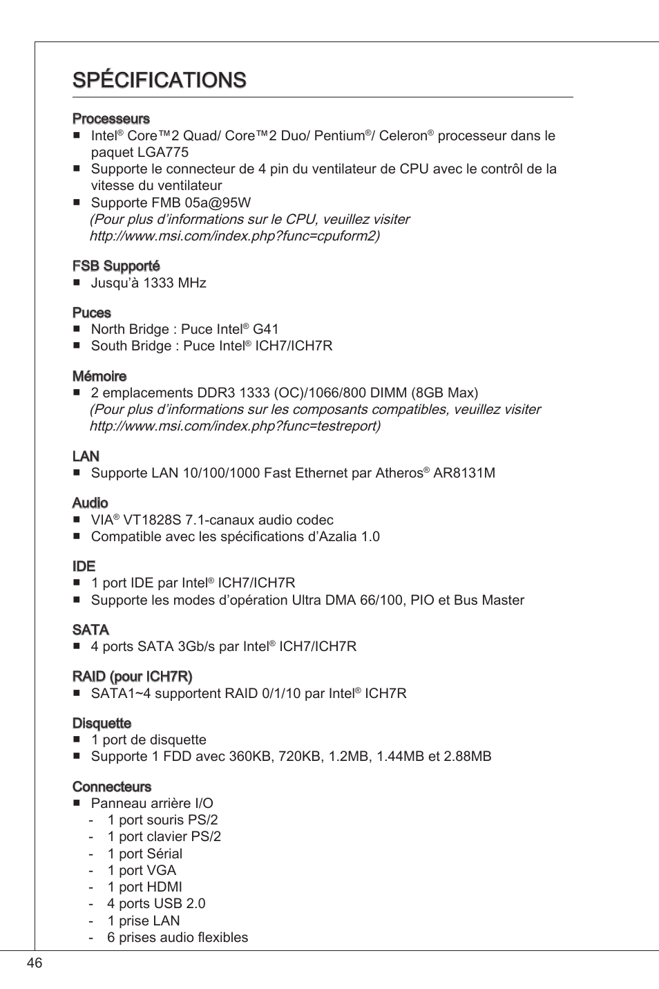 Spécifications | MSI G41M-P34 User Manual | Page 46 / 153