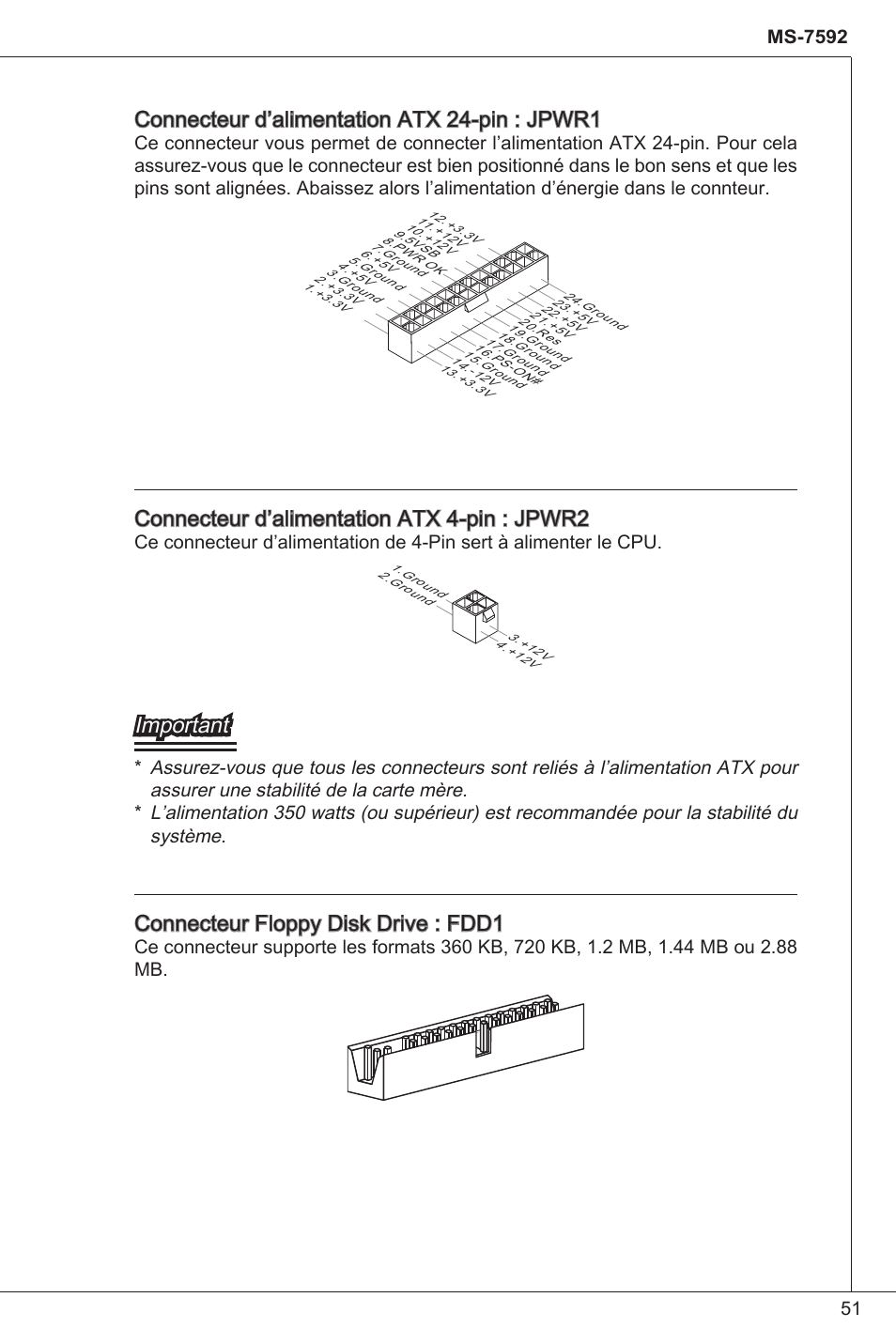 Connecteur d’alimentation atx 24-pin : jpwr, Connecteur d’alimentation atx 4-pin : jpwr2, Important | Connecteur floppy disk drive : fdd | MSI G41M-P34 User Manual | Page 51 / 153