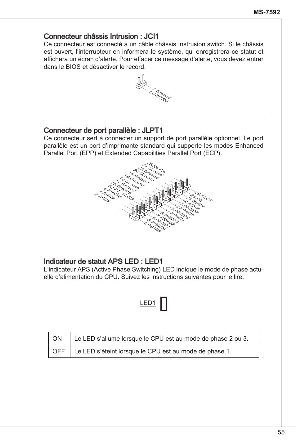 Connecteur châssis intrusion : jci, Connecteur de port parallèle : jlpt, Indicateur de statut aps led : led | MSI G41M-P34 User Manual | Page 55 / 153