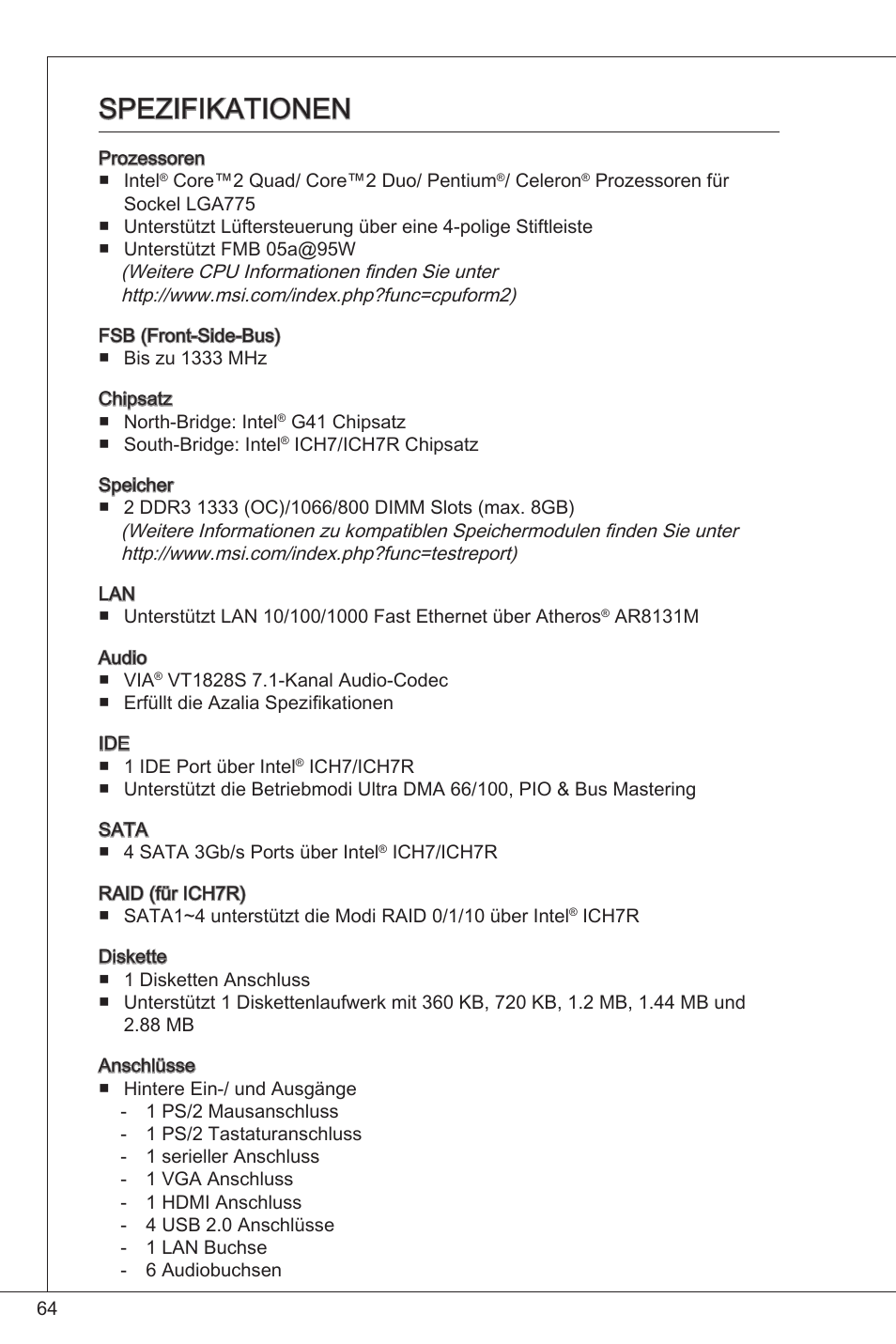 Spezifikationen | MSI G41M-P34 User Manual | Page 64 / 153